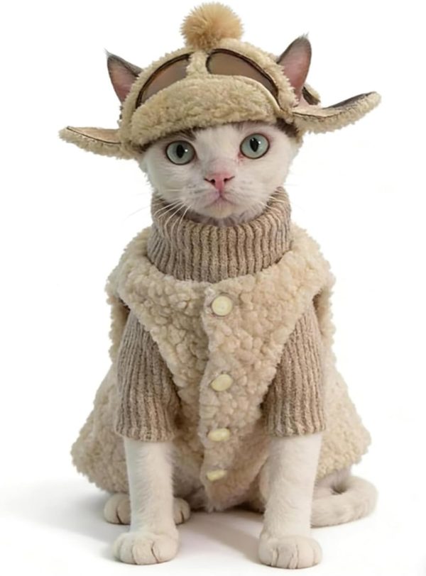 Retro Fleece Vest with Hat for Devon Rex and Hairless Cats Warm Winter Clothing for Cat & Dog (L(8-10lbs))
