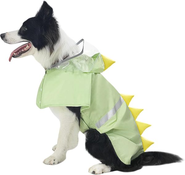 Dog Raincoat, Waterproof Reflective Adjustable Hooded Dog Rain Coat with Leash Hole, Lightweight Breathable Pet Poncho for Dogs (Green Dinosaur, Large(22-37lb))