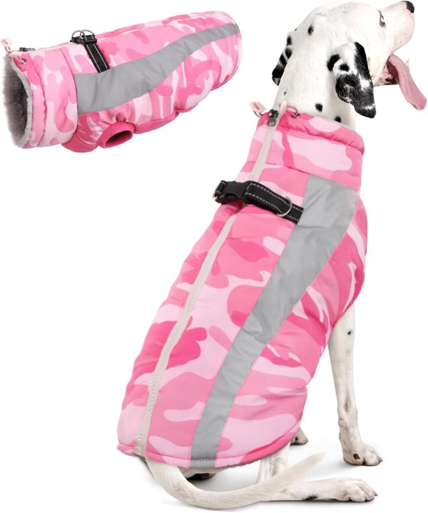 Dog Winter Jackets for Large Dogs,Dog Coat with Harness Built in,Waterproof Dogs Snowsuits Warm Pet Jacket Zip Up Fleece Cold Weather Coats Reflective Puppy Vest with Pocket Blue 3XL