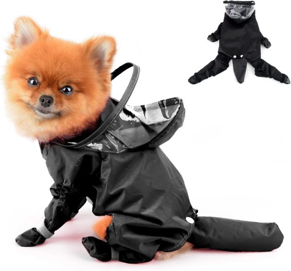 Small Dog Full Body Coverage Raincoat Solid Four-Leg Onesie Rain Jacket Waterproof Hoodie Puppy Clothes Button Lightweight Cats Costume, Black, S