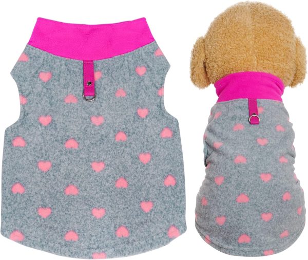 Grey Dog Heart Sweater with Leash Ring - Soft Fleece Vest Dog Pullover Warm Jacket Pet Clothes Small Puppy Cat Pets Winter Outfits (Large)