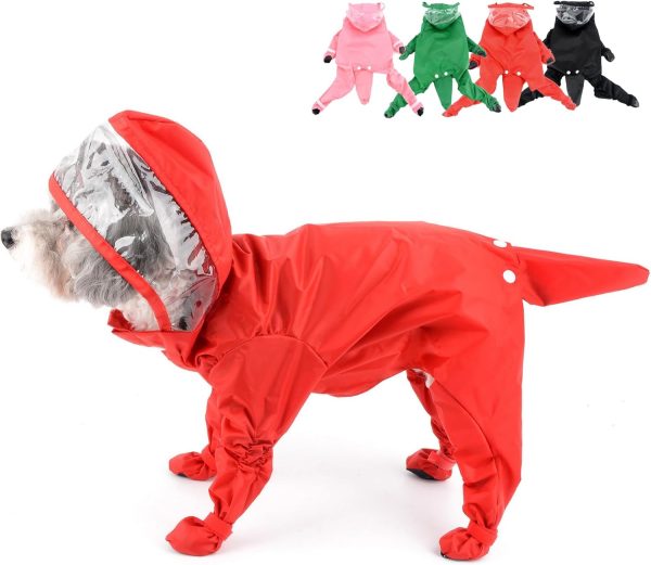Waterproof Dog Raincoat with Hood for Small Dogs Rain Poncho Jumpsuit with Rain Boots Puppy Hooded Slicker Rainwear Four-Legged Pet Rain Jacket for Walking Red M