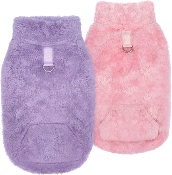 Fleece Dog Sweater Vest 2 Pack, Small Dog Clothes Sleeveless with Leash Ring and Pocket, Warm Puppy Sweatshirt Pet Cold Weather Pullover for Cats (Pink+Purple, Large)