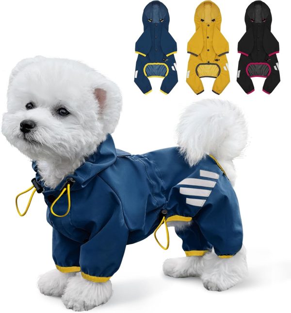 Dog Raincoat, Waterproof Dog Rain Jacket with Hood, Rain Coat with Leash Hole, Reflective Strap for Small Medium Dogs, Lightweight Puppy Clothes(Blue,XS)