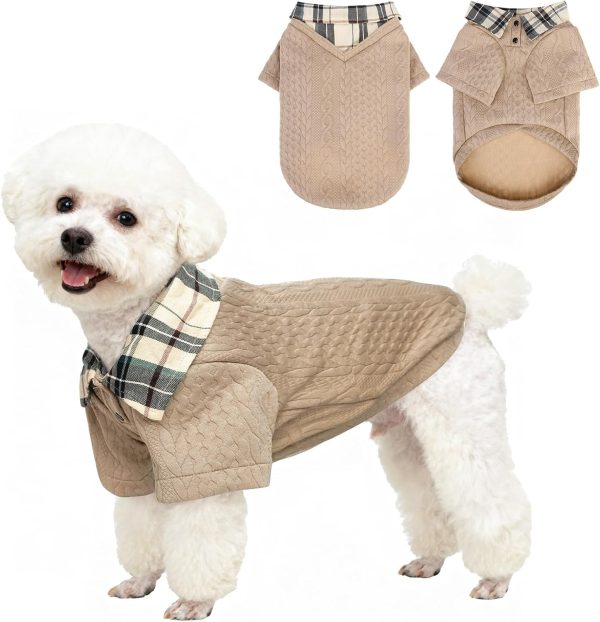 Medium and Small Dog Sweater, Pet Hoodie, Winter Knitted Pullover, Stylish Shirt Collar, Warm Puppy Jacket, Beige, S Sizes: