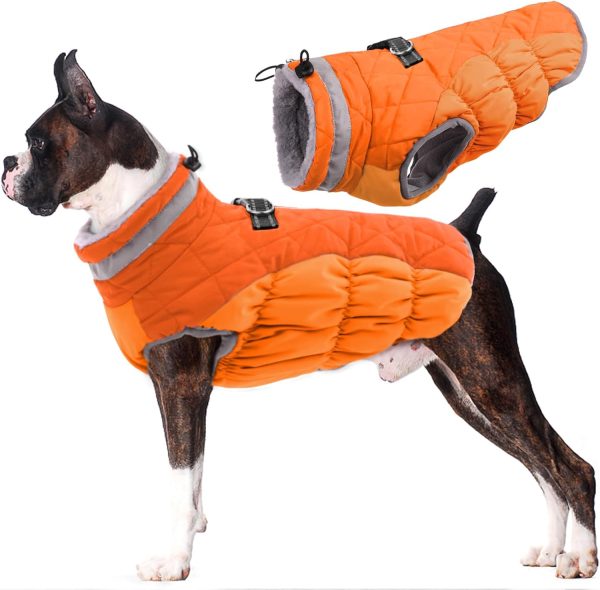 Dog Coat Warm Dog Winter Coat Waterproof Dogs Jacket with Harness Built in Reflective Pet Fleece Vest Zip-Up Cold Weather Coats for Small Medium Large Dogs Turtleneck Windproof Blaze Orange L