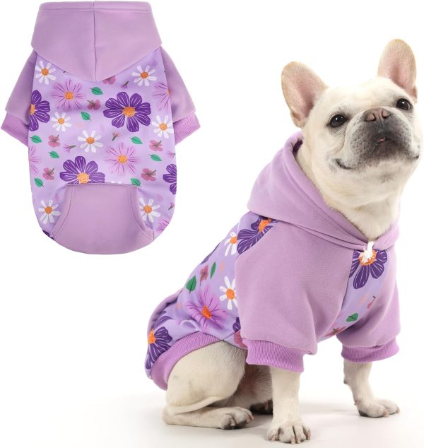 Dog Hoodies, Soft Dog Sweaters, Spring Dog Outerwear, Warm Fleece Pet Hoodies with Pockets, Suitable for Small, Medium, and Large Dogs and Cats, Unisex, Festive Floral Purple, Size L