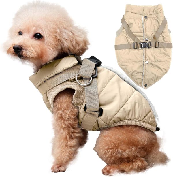 Dog Jacket with Harness,Fleece Lined Warm Puppy Coat for Winter,Soft Windproof Small Dog Vest,Khaki S
